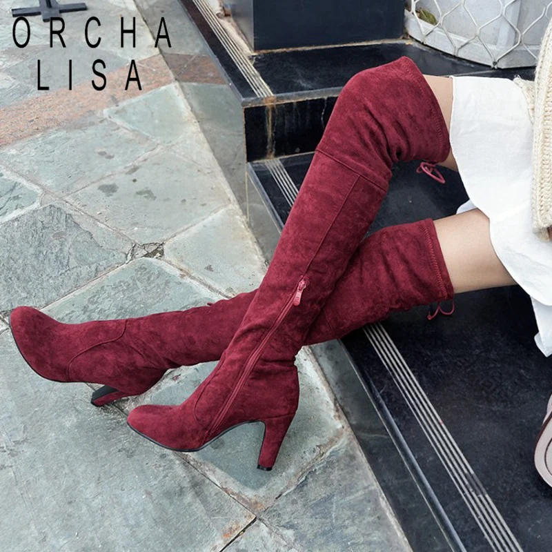 ORCHA LISA New Flock  Women Over The Knee Boots Lace Sexy High Heels Autumn Shoes Winter Women Boots long Size 31 45 44