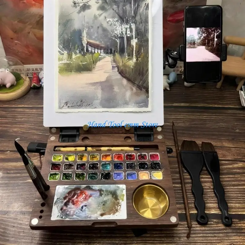 H37F Artists Watercolor Paint Palette Box Foldable 27 Well Palette with Mixing Tray Brush Cleaning Cup and Stand