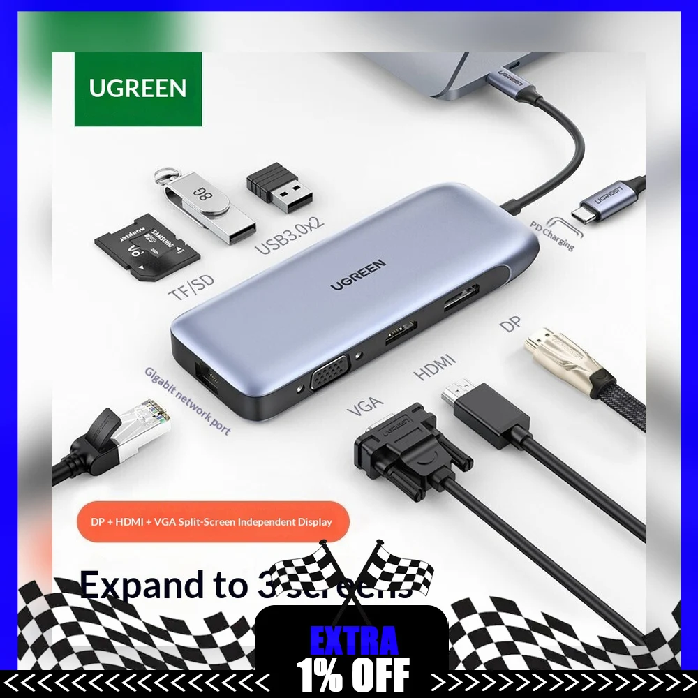 UGREEN 70301 USB C Hub 9 in 1 with DisplayPort 4K HDMI VGA USB 3.0 SD TF PD Type C Docking Station