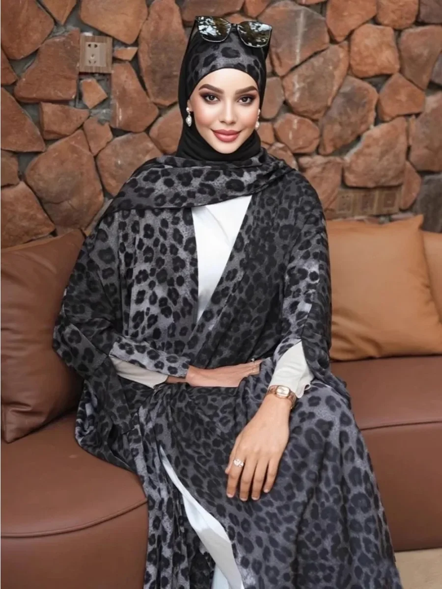 Eid Donna Abito aperto Abaya musulmano con sciarpa Stampa Dubai Abiti Party Caftano Jalabiya Ramadan Abaya Caftano Arabo Abito lungo