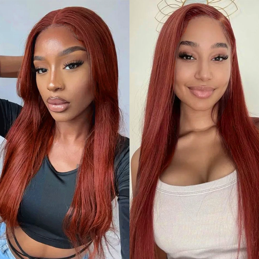 13X4 Copper Red Straight Lace Wig Synthetic Frontal Lace Wigs For Women Long Silk Straight Wig Red Hair Cosplay Daily Wear Life