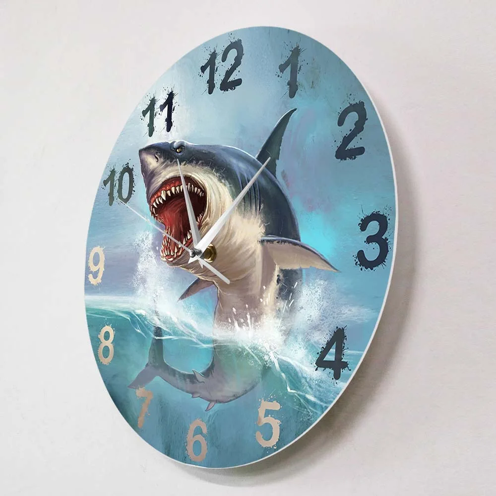 Blue Ocean Great White Shark Wall Clock - Silent Quartz Marine Sea Life Decor for Boys Bedroom Game Room Shark Lover Gift