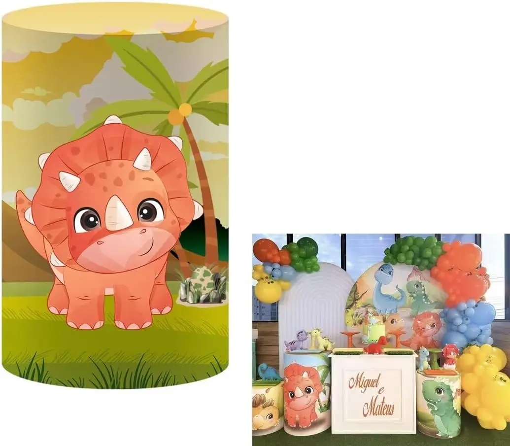 오렌지 만화 공룡 실린더 받침대 커버, 생일 파티용 신축성 받침대 원단 커버, 베이비 샤워 파티 식탁보