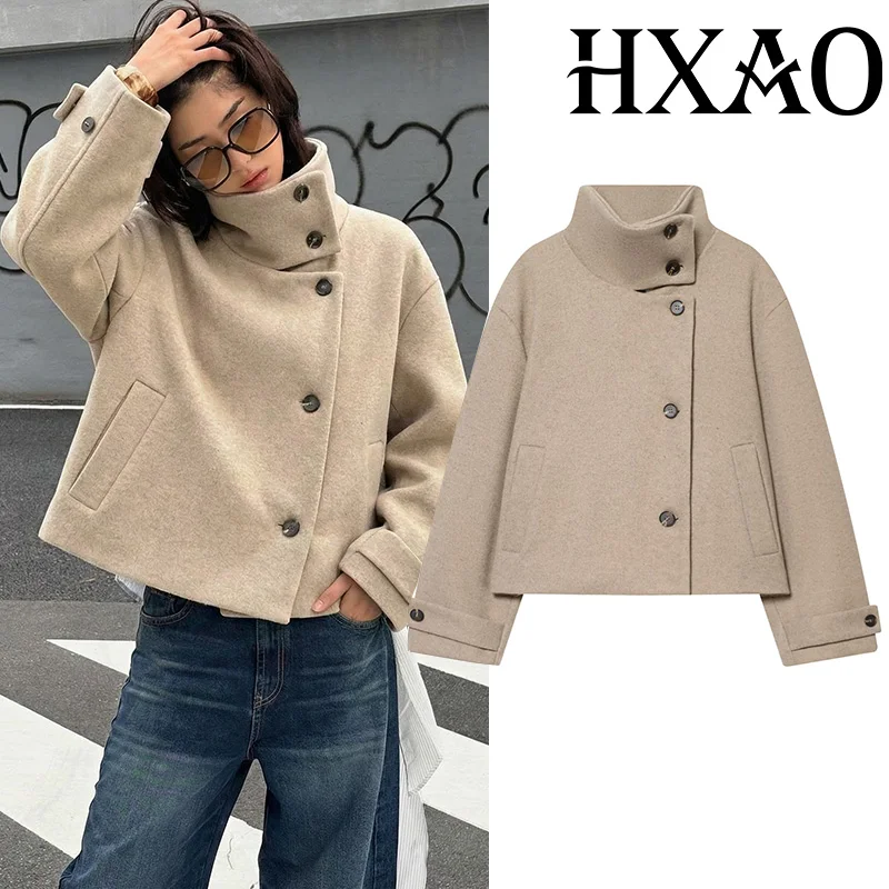 HXAO معطف المرأة اقتصاص سترة تويد عالية الياقة الخريف الشتاء جديد في معاطف امرأة طويلة الأكمام زر فو الصوف أفخم سترة #1