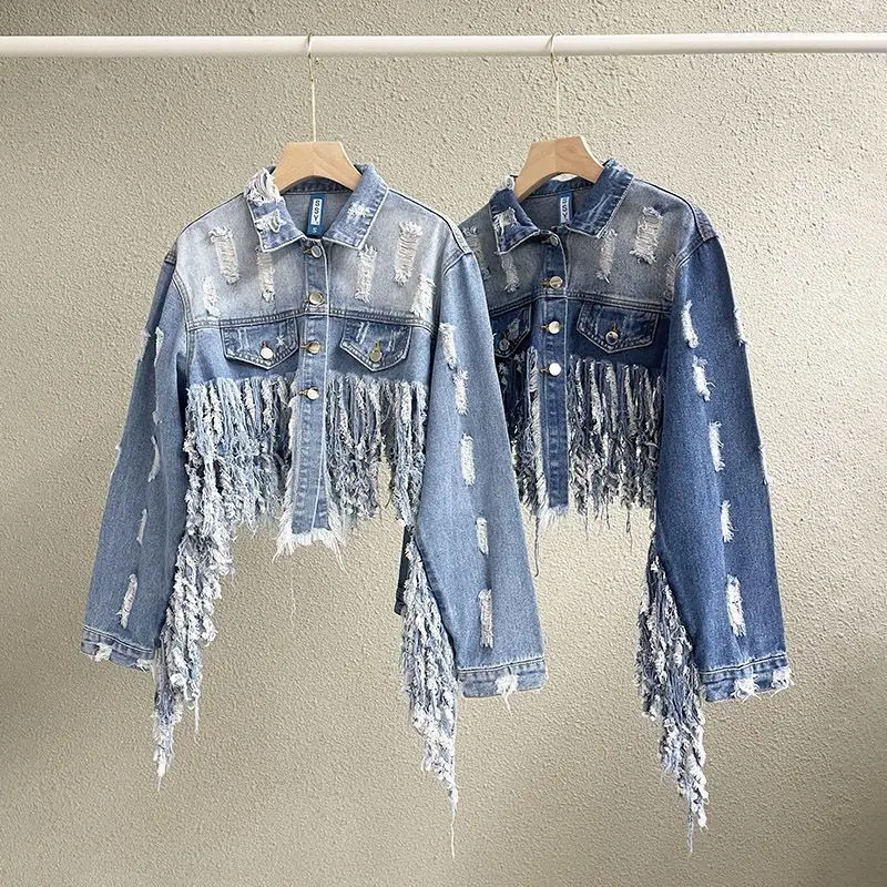 Denim Jacket Women's Spring and Autumn Short Versatile Loose Korean Version Tassel Personality Hole Beard Edge Denim Clothing