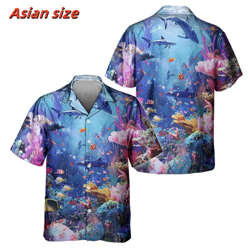 Camisa hawaiana con estampado de mundo submarino colorido para hombre, blusa con estampado 3D de tiburón y pescado, Tops de solapa de manga corta para verano, camisas Aloha