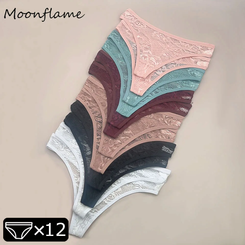 

Moonflame 12Pcs Wholesale Women Panties Sexy Transparent Underwear Low-Waist G-string Ladies Lingerie Lace Bikini Thongs