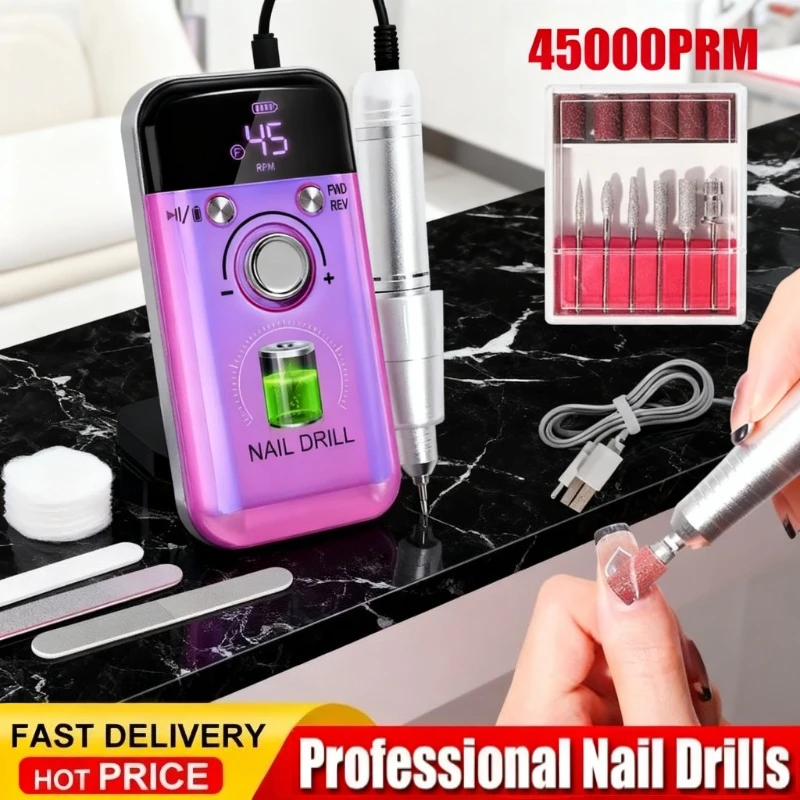 

45000 об/мин перезаряжаемая электрическая дрель для ногтей, профессиональные дрели для ногтей для гель-лака для ногтей, портативная пилочка для ногтей, маникюрный инструмент
