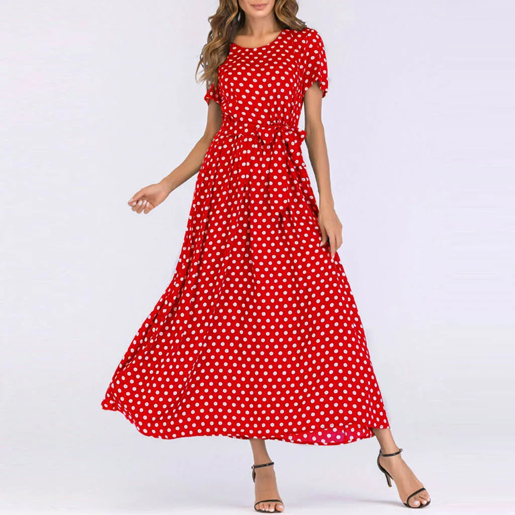 New In Summer Maxi Dresses For Women Elegant O-Neck Short Sleeve Beach Polka Dot Bandage Long Dress vestidos de verano mujer