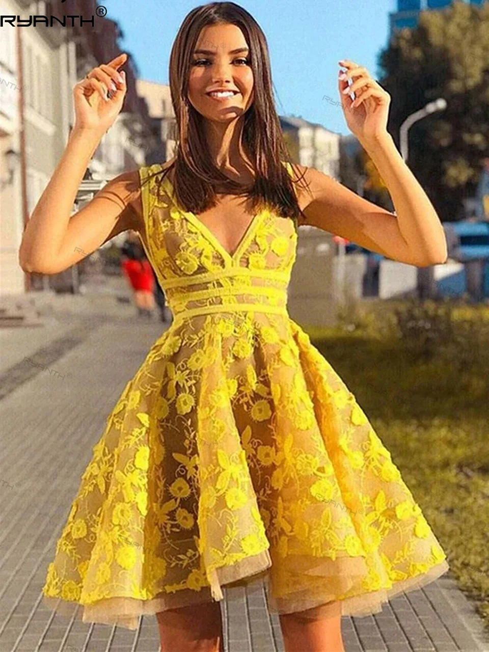 

Ryanth 2024 Yellow V-Neck Cocktail Dresses Tulle Appliques Homecoming Dress For Women Party Prom Gown A-Line Vestidos De Gala