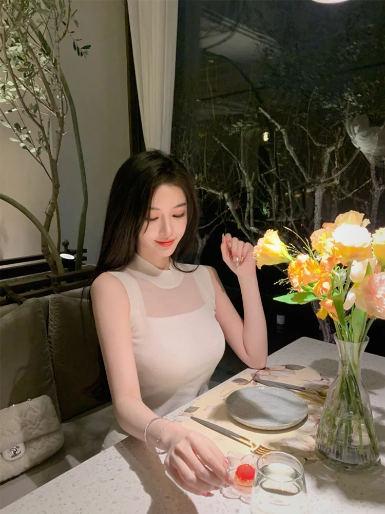 Chu Sexy Dangerous Ice Silk Top Women's Svel Tight Fit Summer Pure Desire Transparent round Ne Knitted Korean Sle