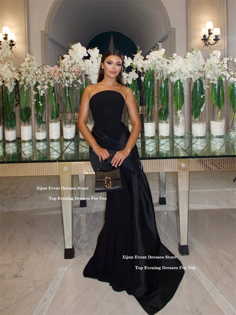 Xijun Zwarte Zeemeermin Crêpe Avondjurken Mouwloos Geplooide Lange Galajurken Formele Gelegenheid Strapless Galajurken Op maat