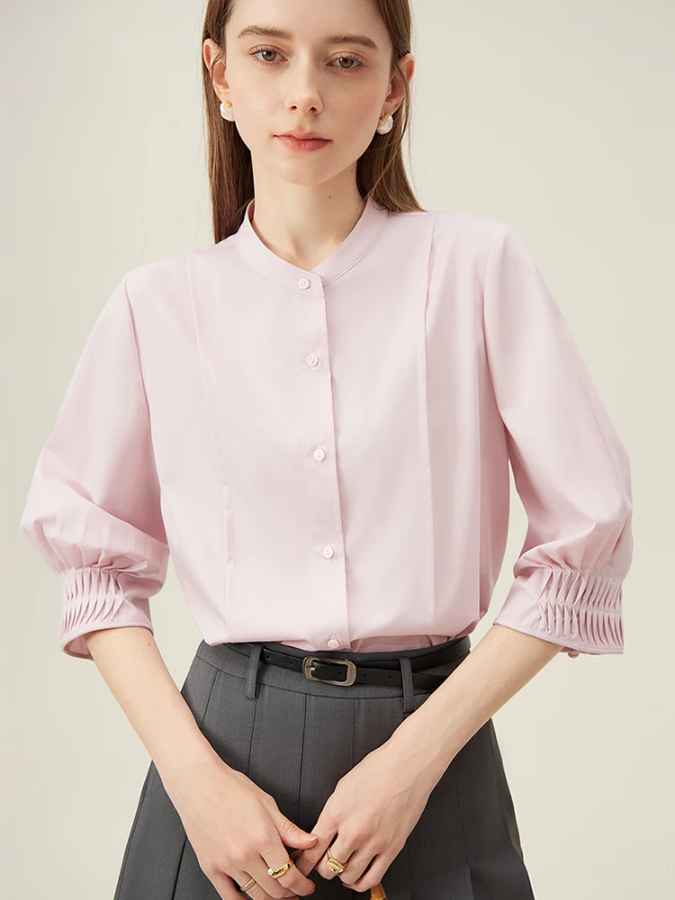 FSLE Mint Blue Standing Collar Commuting Shirt For Women\'s Summer 2024 New French Quarter Sleeved Women Pink Top 24FS12100