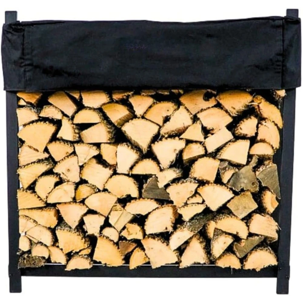 Black 4 Foot - Heavy Duty Made In USA - Indoor Outdoor - 1/4 Cord Firewood Storage Log Rack With Seasoning Cover Combo Set