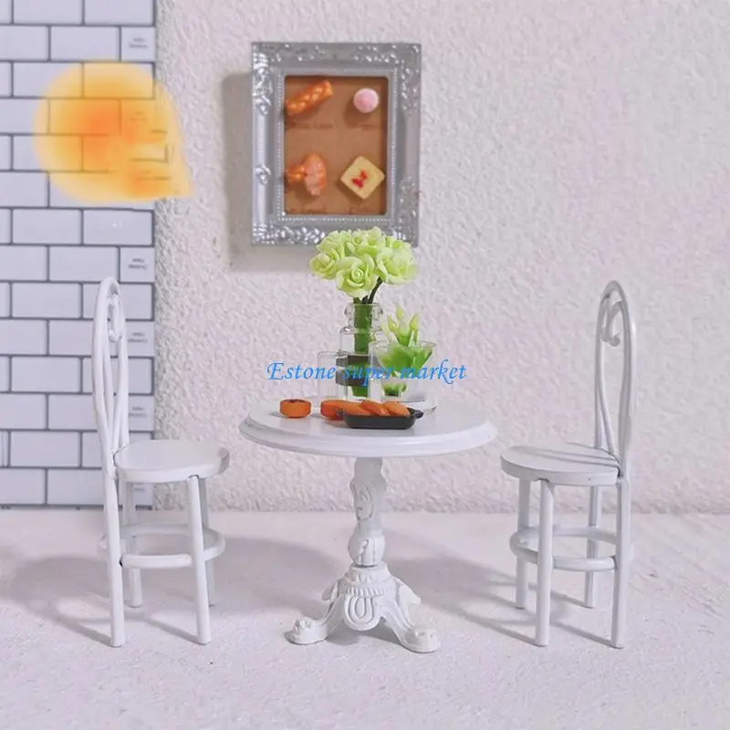 

090B Nordic Metal Kids Pretend Play Kitchen Set Miniature Dining Table Chair Playset For Imaginative Creative Development