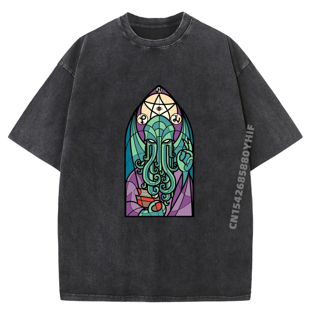 

Cthulhu Church Stained Glass Cosmic Horror Funny Monster Shirts Graphic Tee Luxury T-Shirt Breathable Printed Washed Shirt