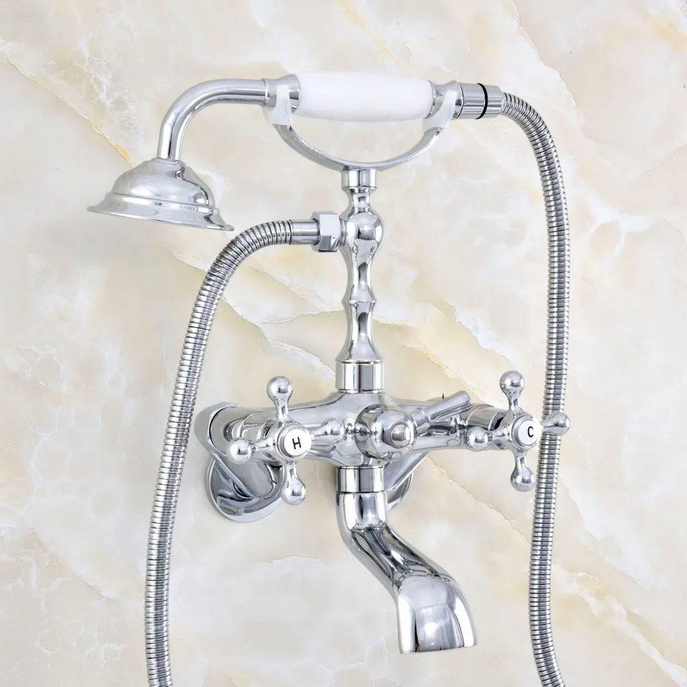 

Polished Chrome Brass Claw-foot Bathtub Faucet Wall Mounted Tub Filler Handheld Shower - Adjusts From 3-3/8" aqg416