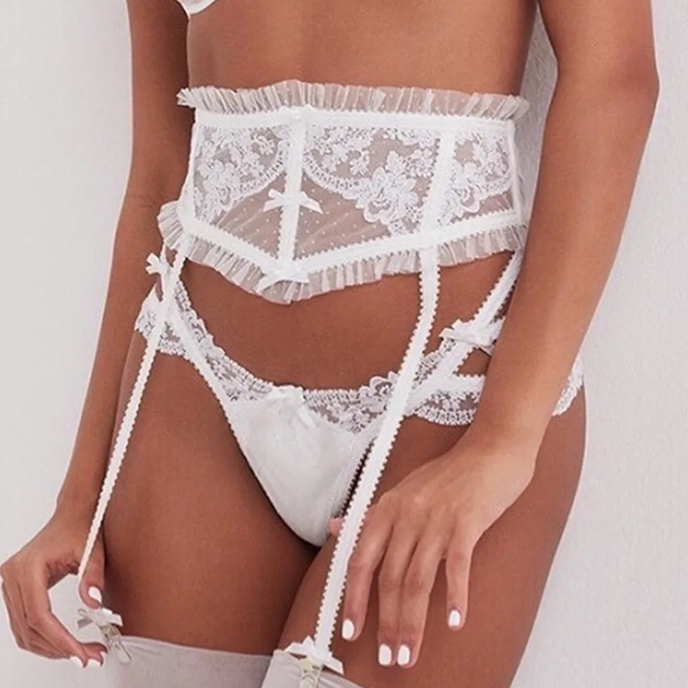 French White Lace Sexy Bra Set Wedding Dress Underwear Backless Vest Style Bra+Garter+Thong+Stockings 4PCS