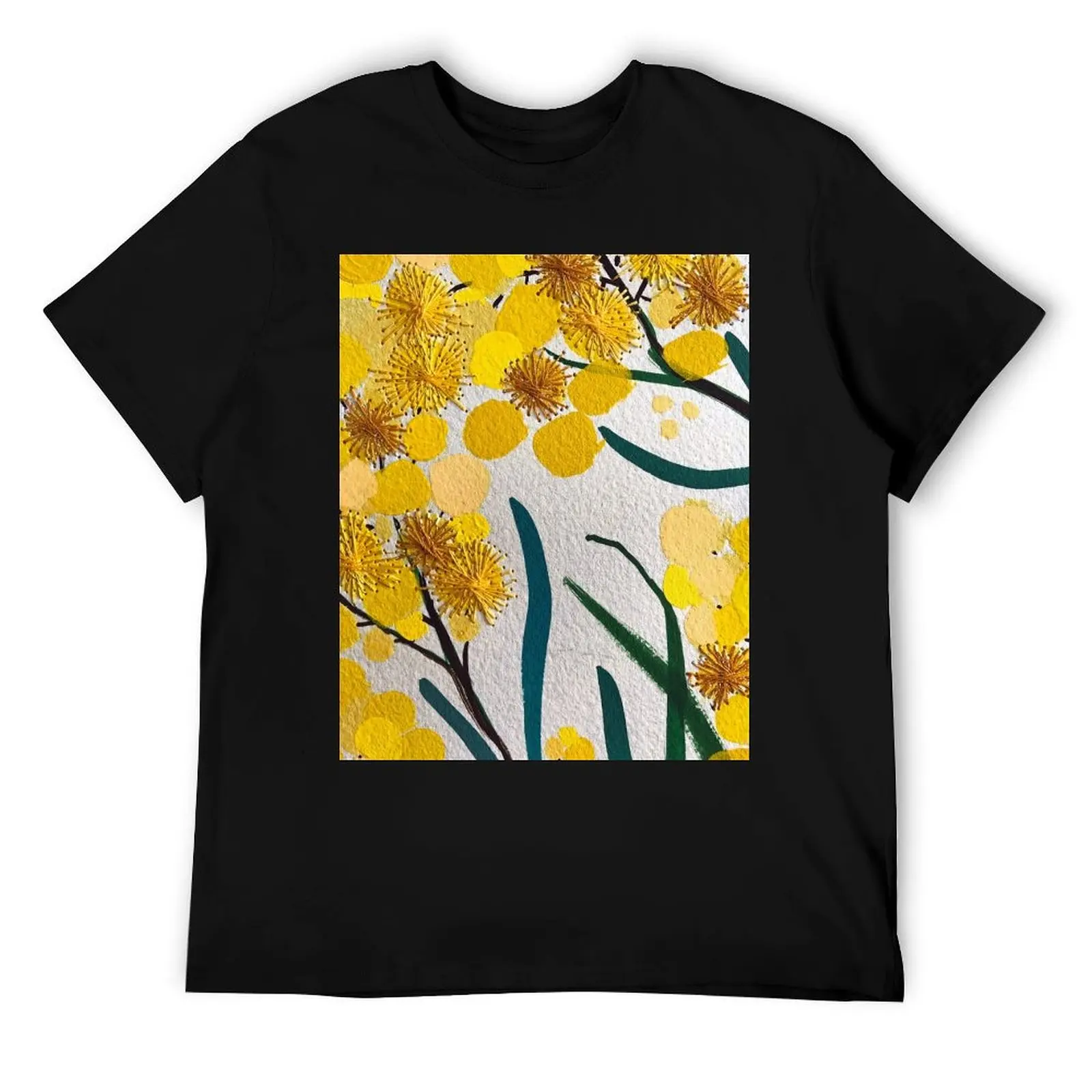 

Golden Wattle Flowers by Australian Artist Leah Gay T-Shirt t shirts for man pack white man t shirts cotton T-Shirt