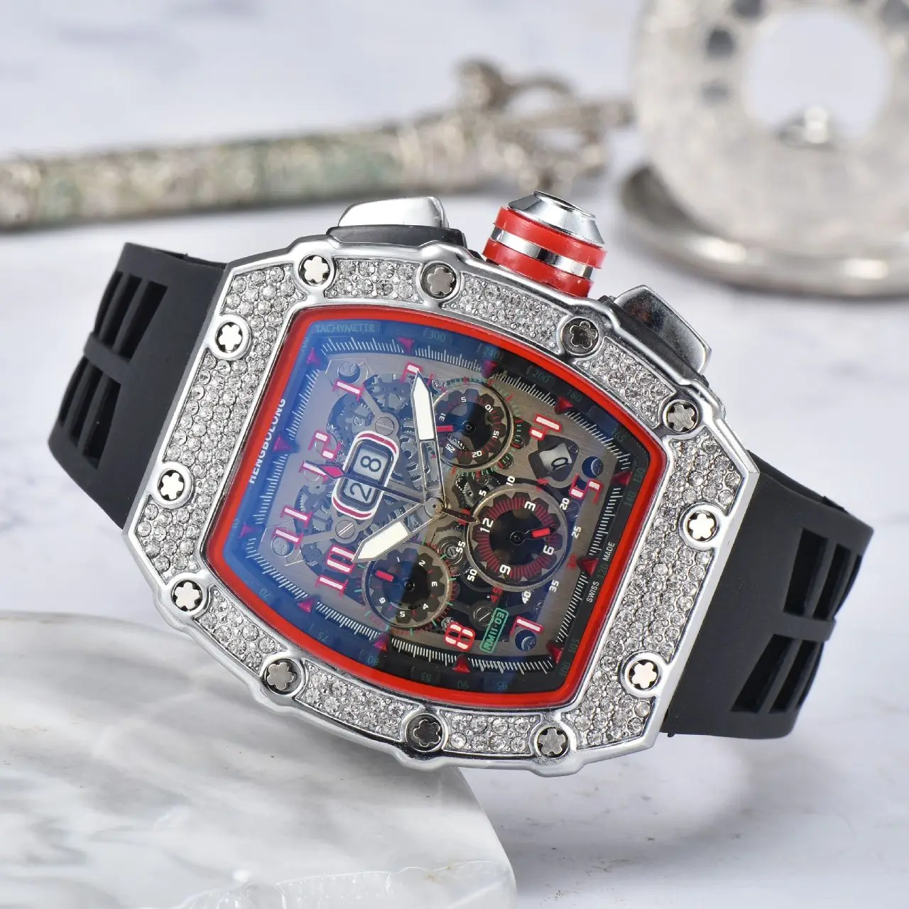 Fashion Luxury Waterproof diamond inlaid  silicone strap tonneau hollowed out Three-Eye Six-Pin Calendar Wristwatch Quartz Watch