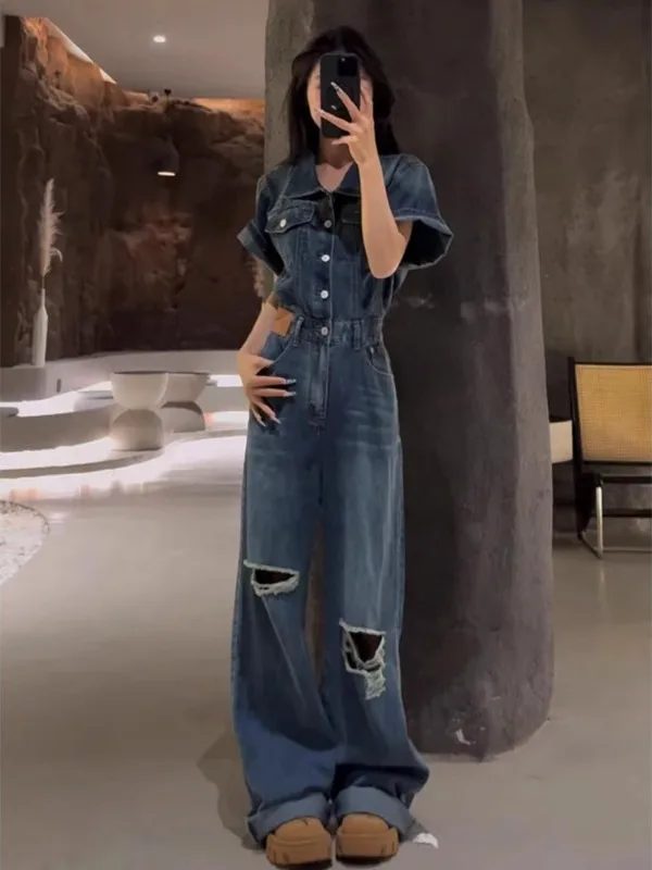 

Retro American ort Sve Jumpsuit Women's High Waist Wide Leg Jeans Floor Length Pants Casual Sle Summer Trend Item