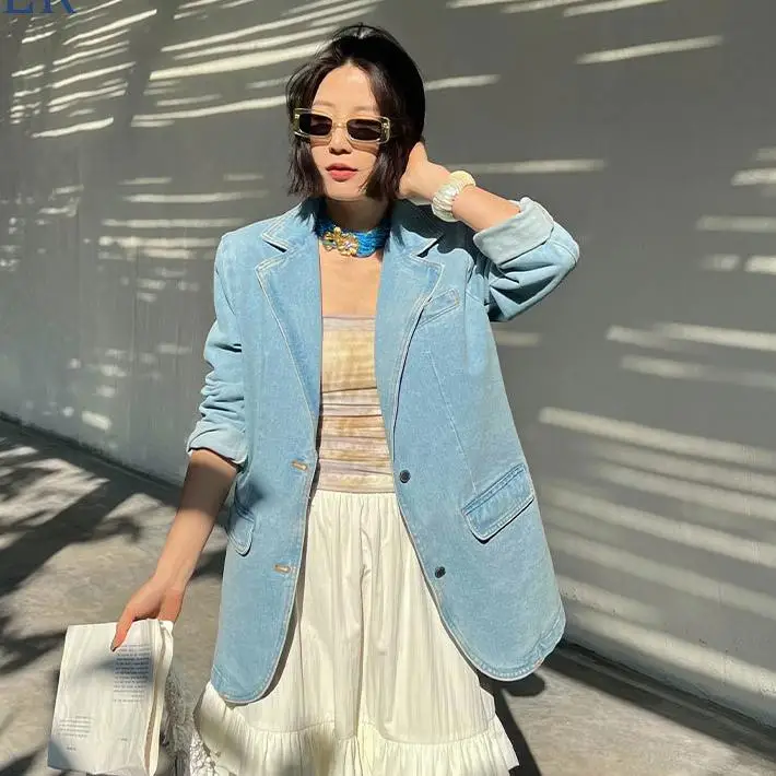 

2024 Autumn Basic Long Coat Denim Jacket Casual Long Sleeve Blue Women Loose Design Blue Vintage Tops