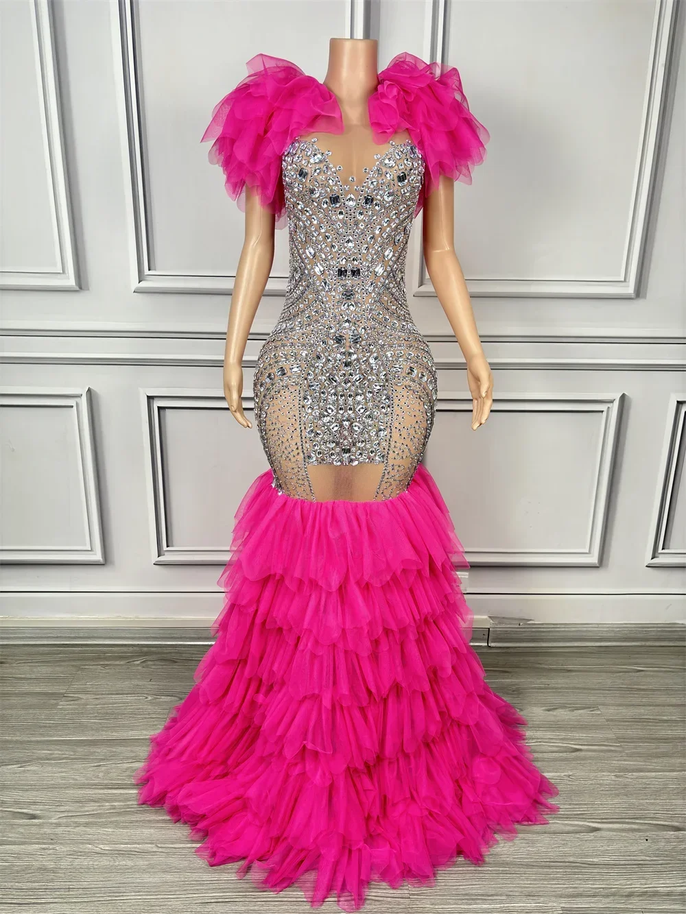 

Women Rhinestone Sparkly Dressy Singer Wedding Evening Stage Wear Drag Queen Elegant Rose Red Ruffle Floor Length Dress