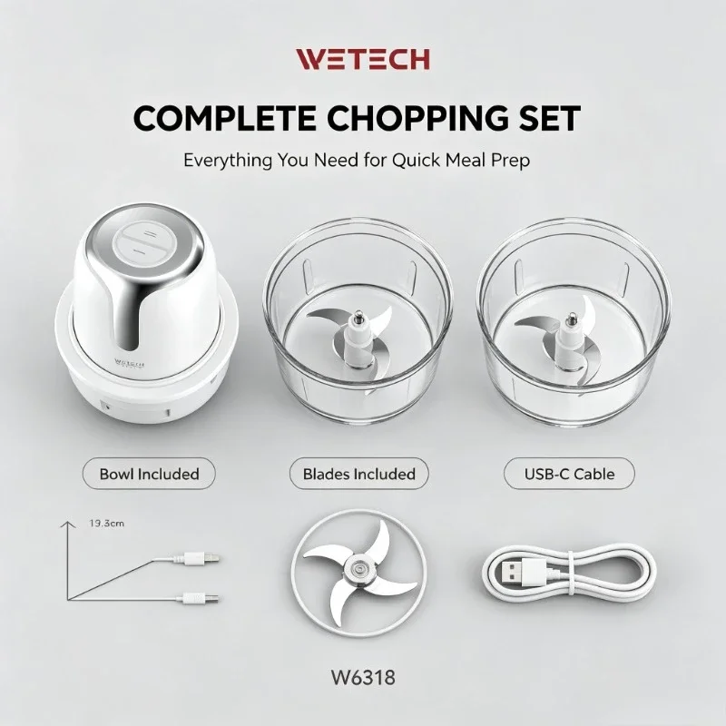 Hacheur rechargeable Wetech W6318 avec quatre lames en acier inoxydable, 1500 mAh, pour le traitement des ingrédients lors des pique-niques en plein air.