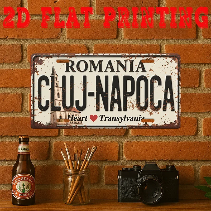 Romania Cluj-Napoca Heart of Transylvania 2D Flat Printing License Plate Style Metal Tin Sign, Historic Transylvanian City Theme