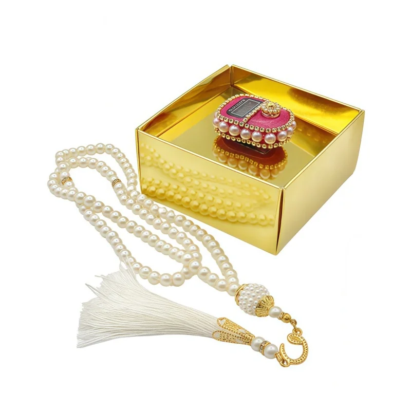 New Muslim Prayer Beads Bracelet And Finger Counter Gift Box Set 99 Imitation Pearl Bracelets Resettable Finger Counter Ring