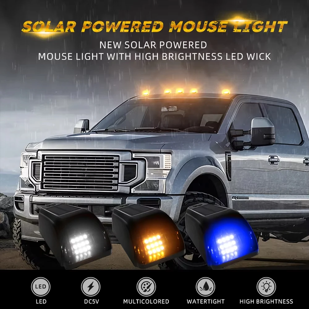 5pcs Upgrade Solar Cab Lights for Trucks - No Drill Roof LED Marker Lights with Vibration Sensor | Solar Powered Waterproof