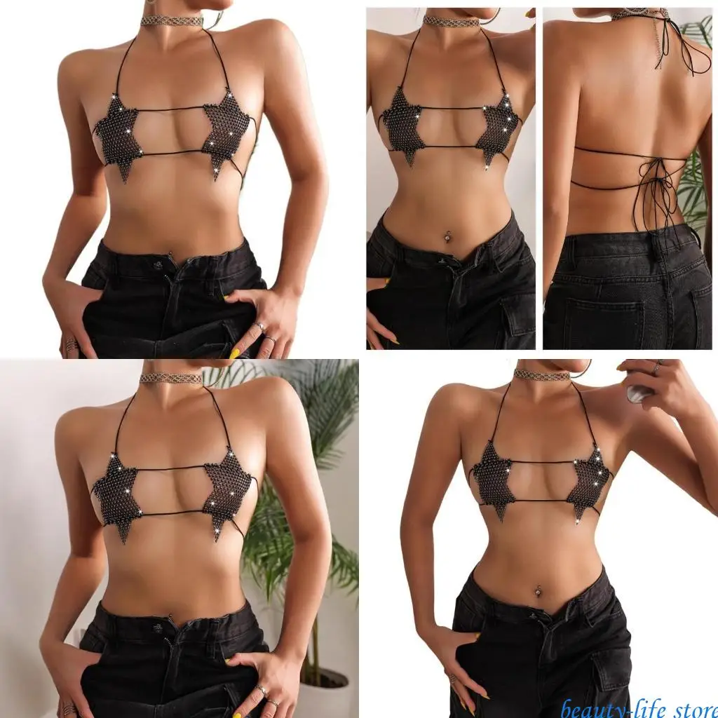 

Women Sparkly Rhinestones Halter Bra Top Mesh Crop Top Raves Outfit See Through Camisole Top Clubwears 517D