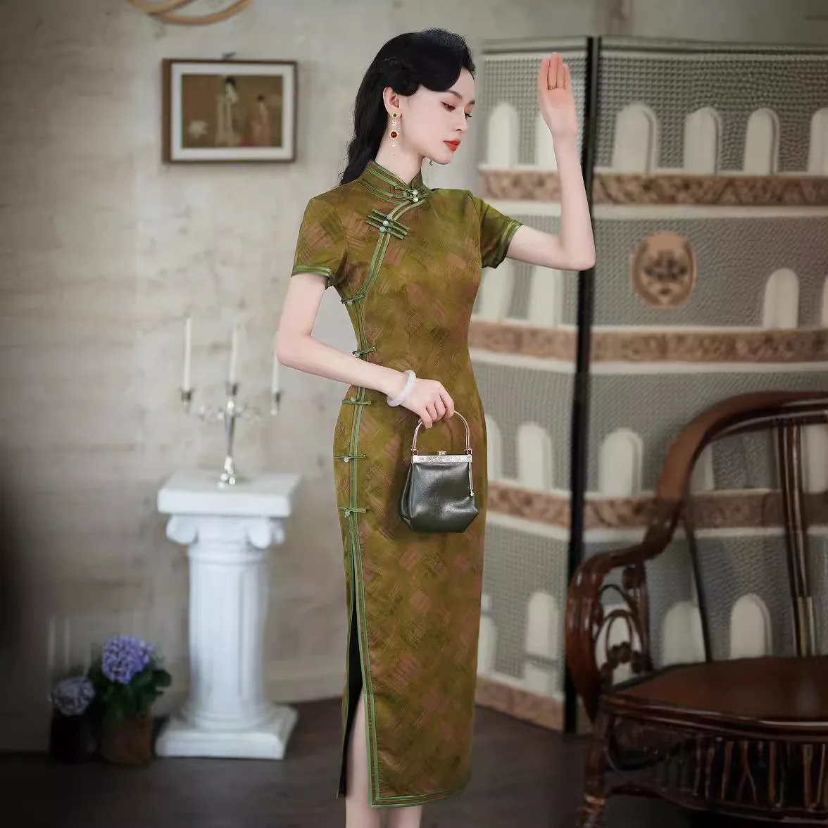 

High Quality Real Silk Qipao Cheongsam Top Skirt Tang Suit Banquet Old Shanghai Hip-Wrapped Evening Dress Printed Temperament