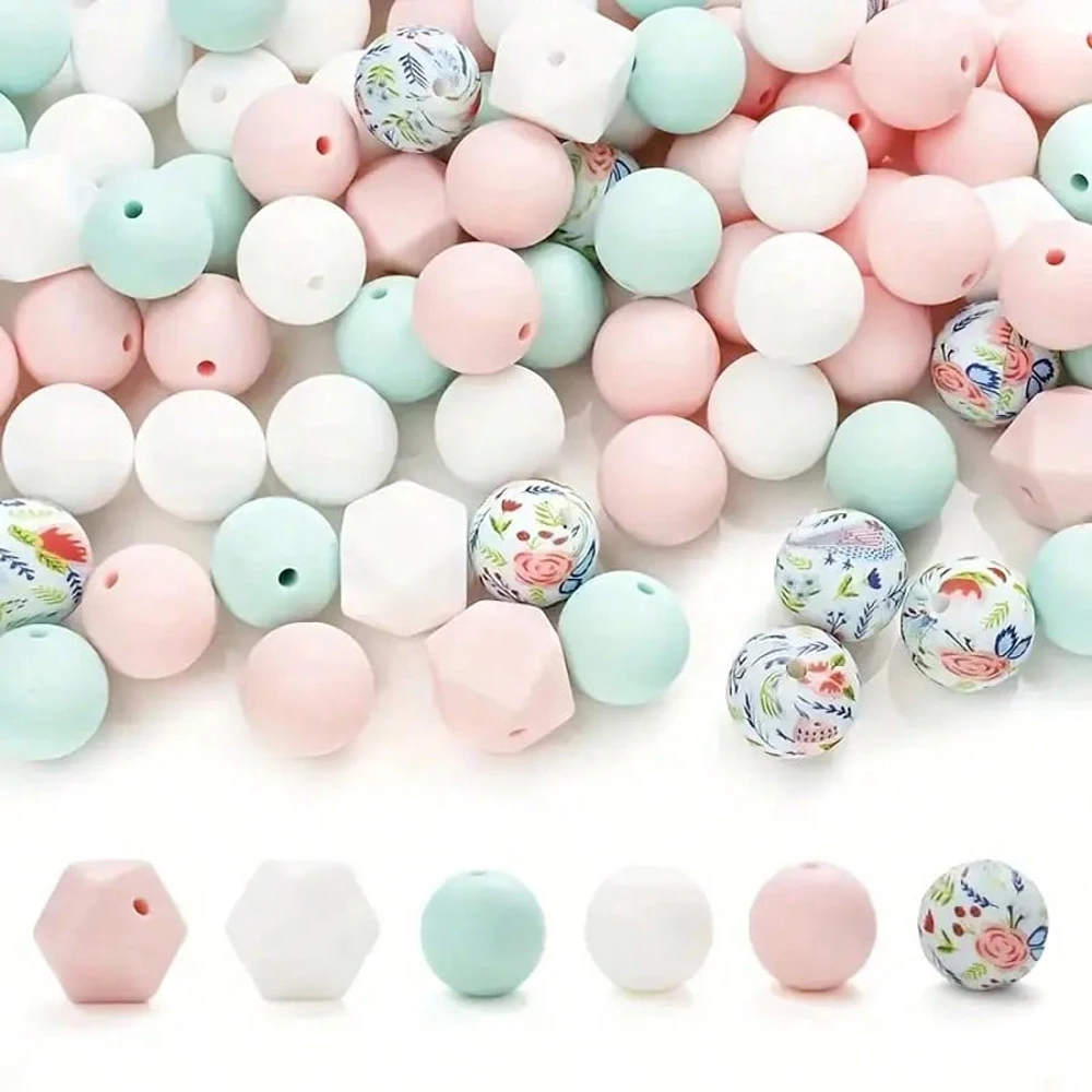 38PCS Printed Silicone Bead Set, DIY, Used for Hanging Keychains, Bracelets, Mobile Phone Accessories, Necklaces