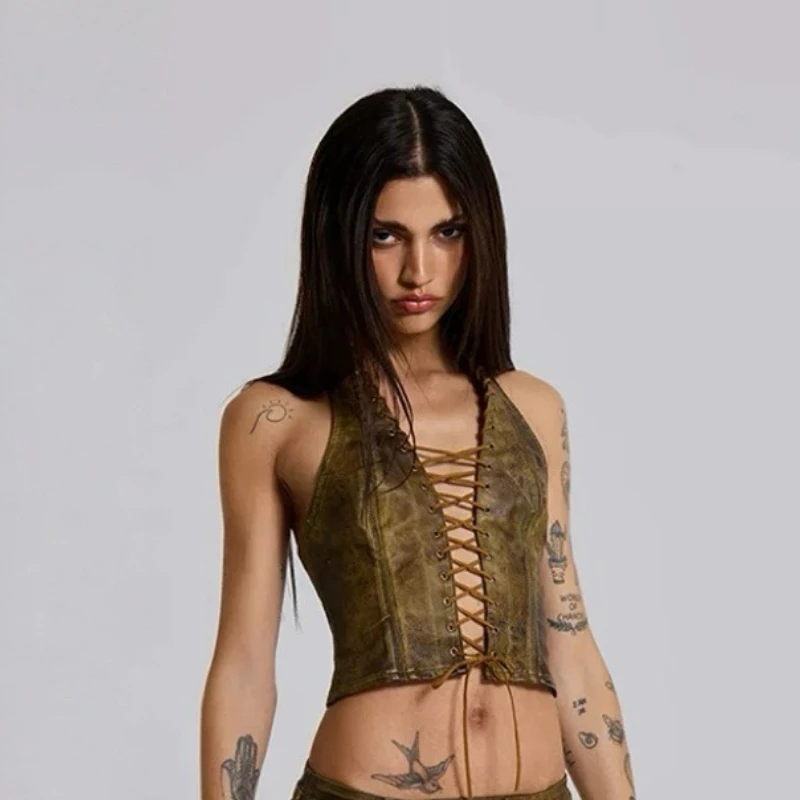 

Jaded London Brown Cutout Strappy Neck Leather Corset Sexy Hottie Backless Short Vest Camisole