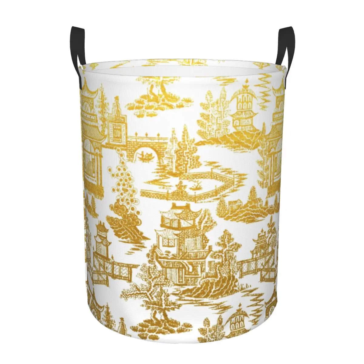 Custom Golden Pagoda Chinoiserie Laundry Basket Vintage Oriental Willow Pattern Clothes Hamper for Nursery Kids Toys Storage Bin