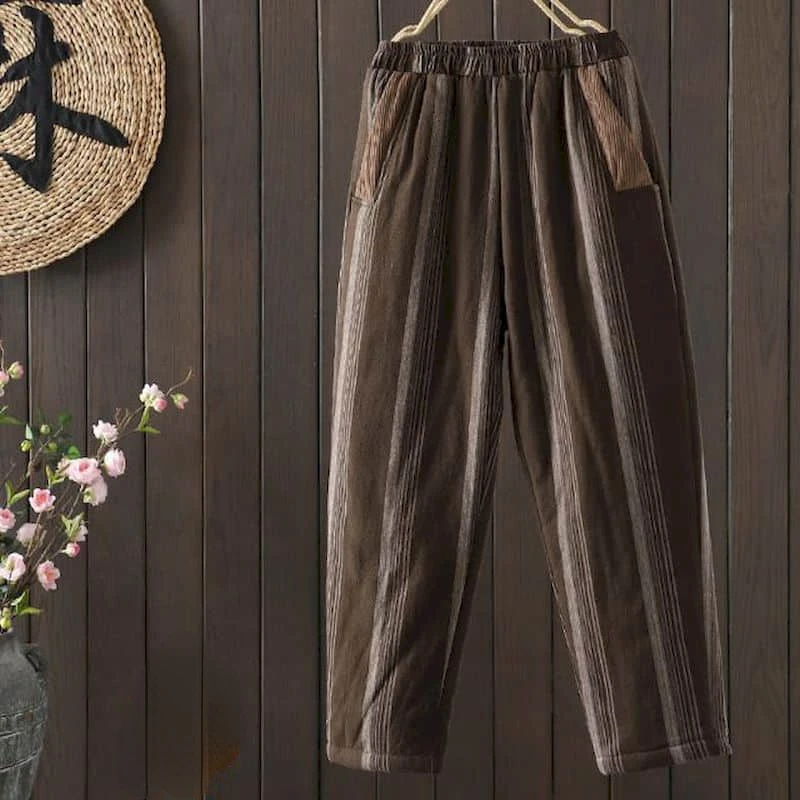 Striped Harem Pants for Women Winter Vintage Korean Style Trousers Casual Quilted Lightweight Cotton Added Pants Women Clothing