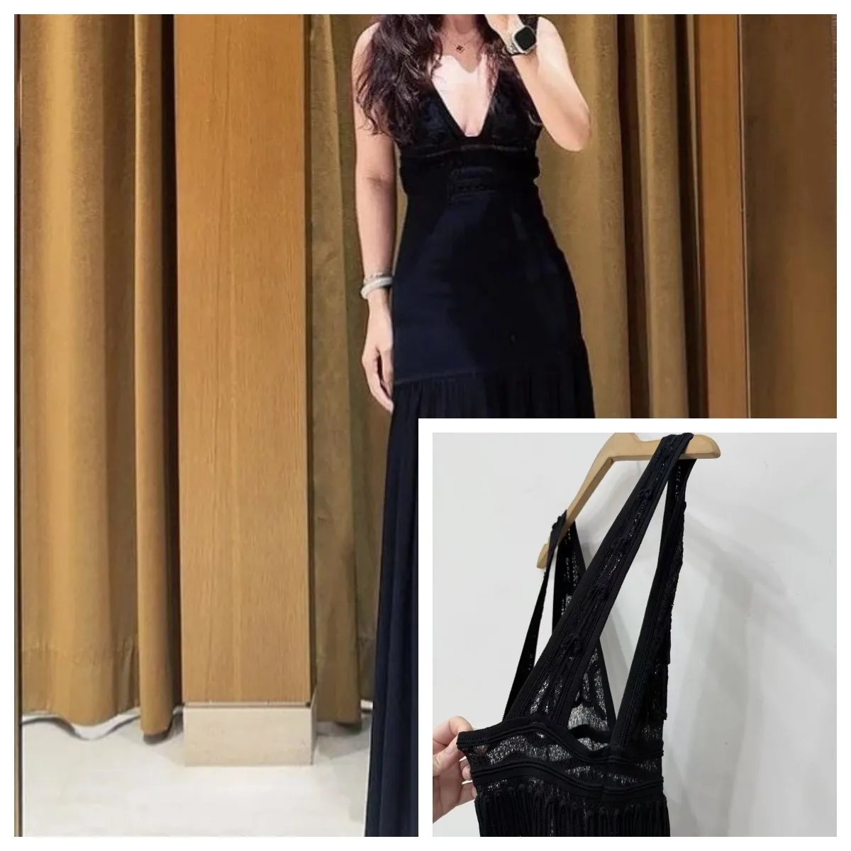

Black Women's Dress Hollowed Out Lace Shoulder Straps Sleeveless Deep V High Waist Maxi Robe 2026 Spring New