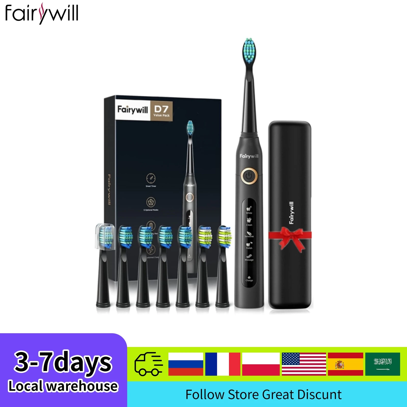 Fairywill Electric Sonic Toothbrush FW-507 USB Charge Rechargeable Adult Waterproof Electronic Tooth Brushes Replacement Heads