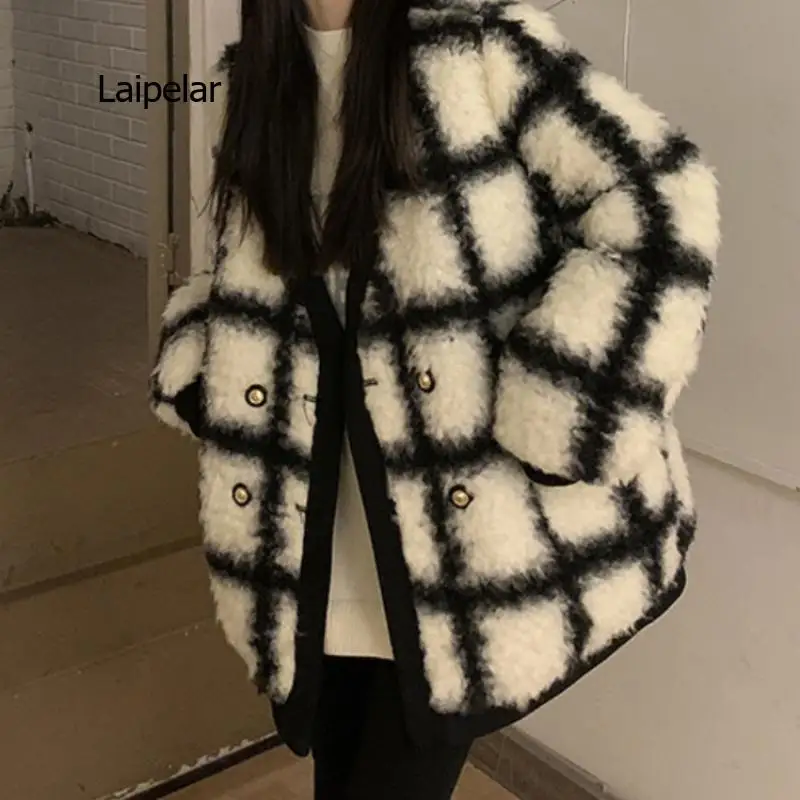 

Imitation lamb wool winter coat thickened plaid women's winter down jacket quilted coat