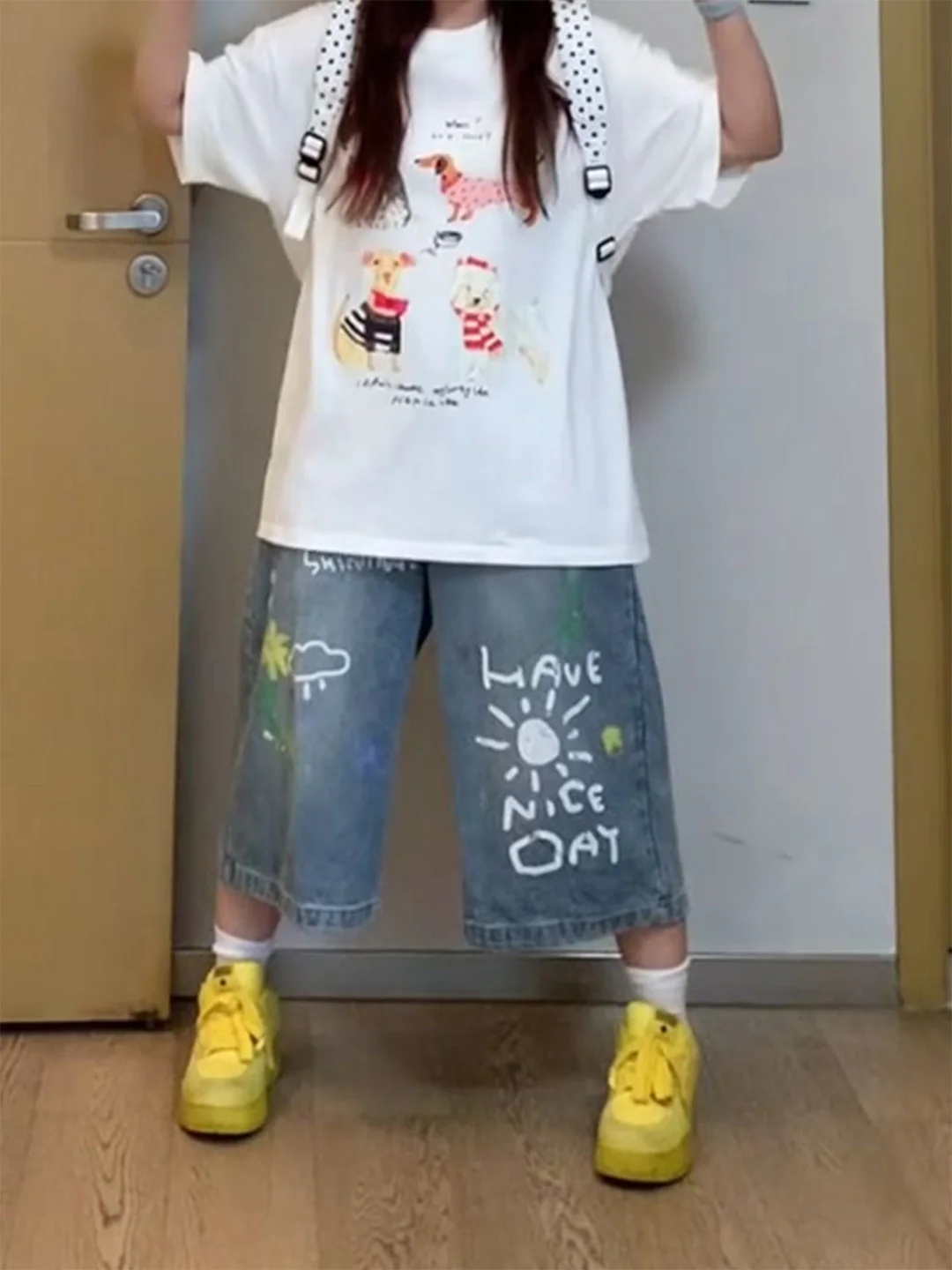 

Summer New plus Size Blue Graffiti Print 7/8 Length Women's Jeans Loose Slimming High Waist Wide Leg Casual Denim Pants