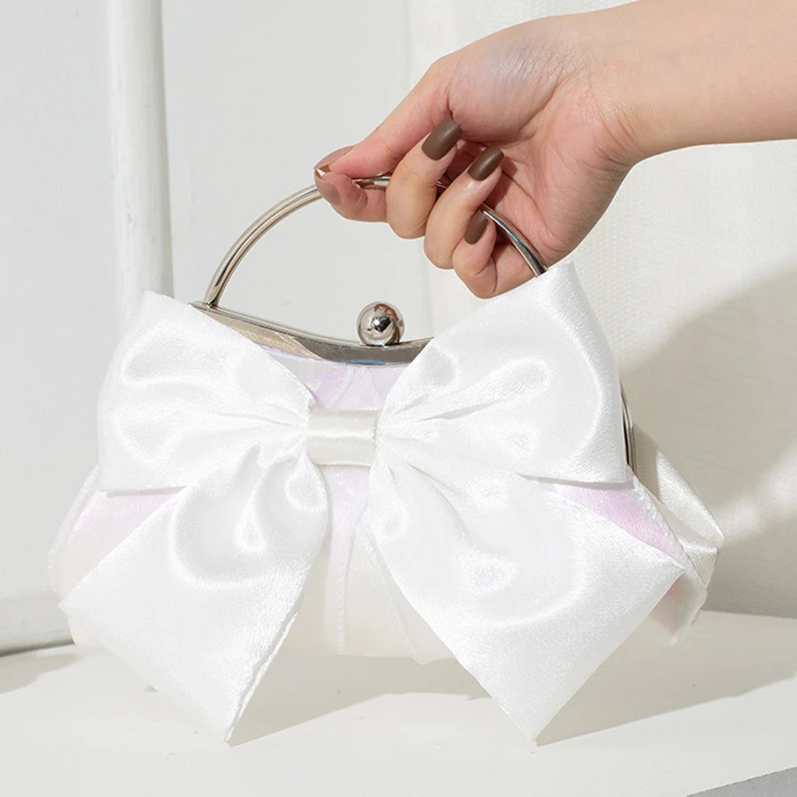 

Белый атласный бант Фея Вечерние сумки Клатч с металлической ручкой Сумки для женщин Свадебная вечеринка Свадебные клатчи Кошелек Сумка на плечо с цепочкой