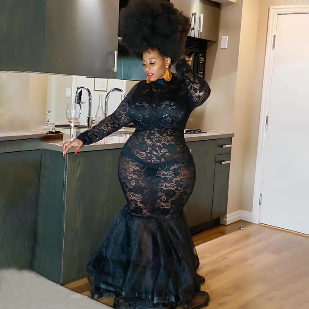 Sexy Sheer See Through Floral Lace Evening Maxi Dress Mock Neck Long Sleeve High Waist Bodycon Party Mermaid Dress Wedding Gown