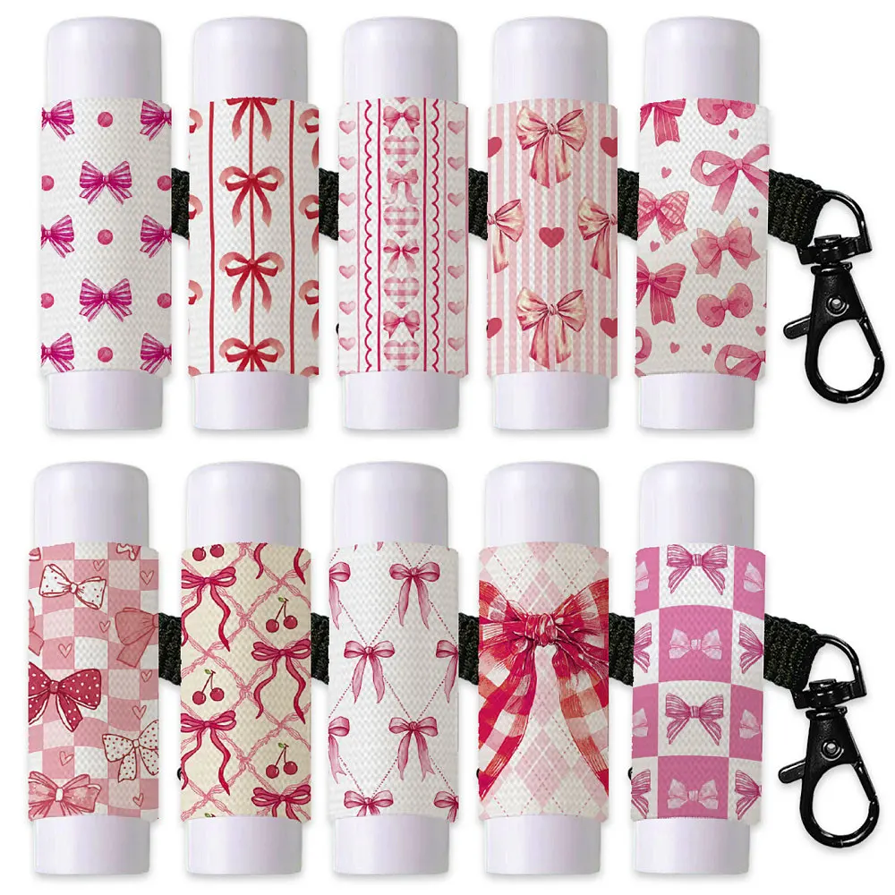 10Pcs Lip Balm Holder Keychain Portable Bowknot Lipstick Holders Pouch with Metel Clasp Cute Clip on Lip Gloss Keychain Sleeve