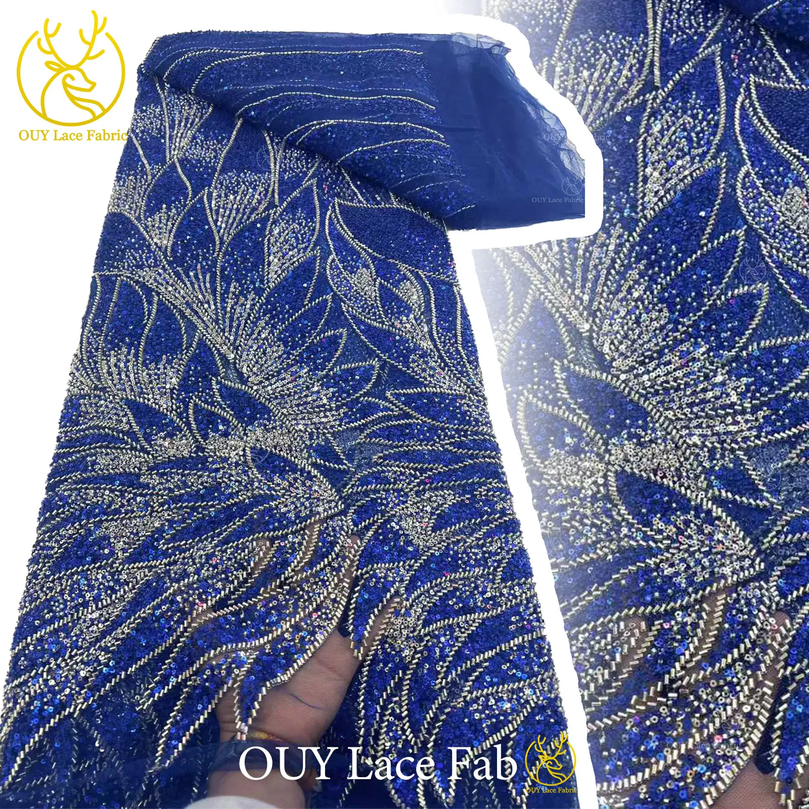 

Африканское кружевное полотно с бисером и пайетками 2026 года, синее, французская сетка, для пошива женских вечерних платьев
