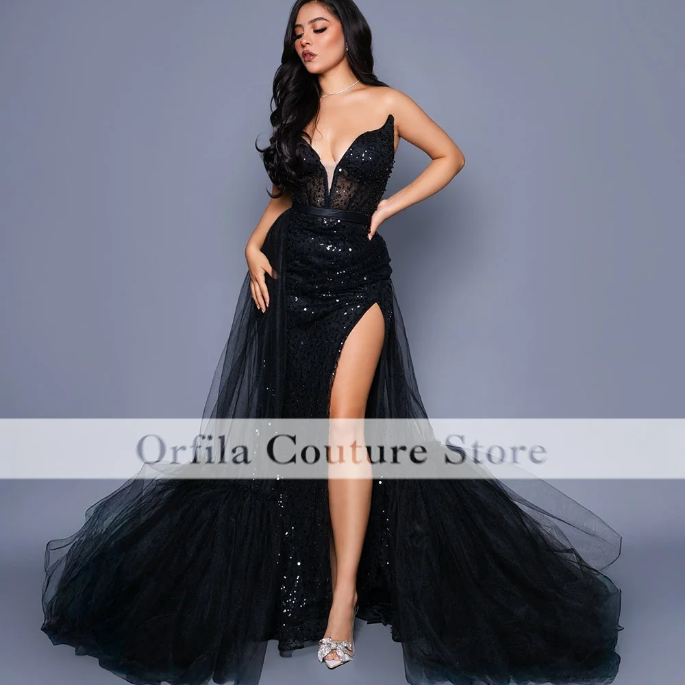 Black Sequined Sparkly Prom Dress Slit Formal Evening Gown for Women Sexy Long Party Outfit Customized