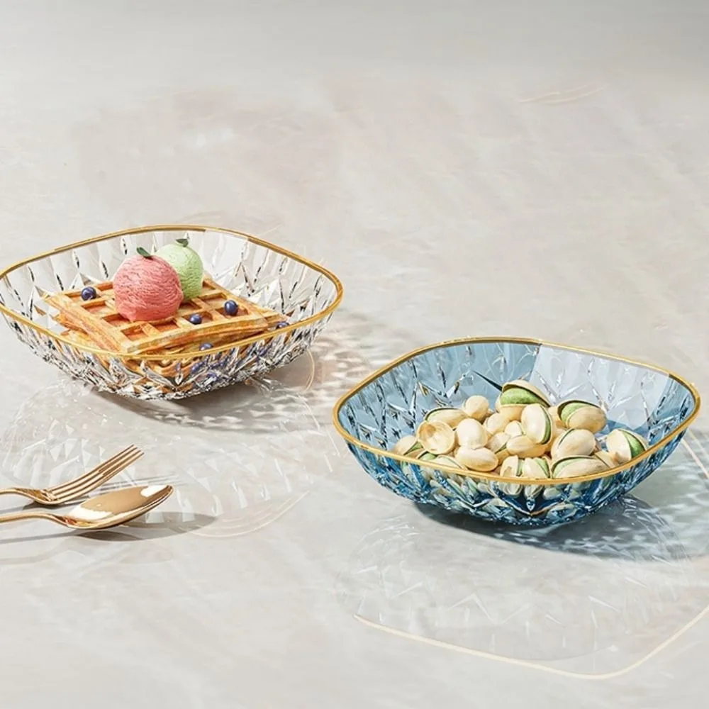 5PCS Multi-functional Square Snack Plate Golden Trim Transparent Appetizer Plate Plastic Dining Table Waste Dish Party