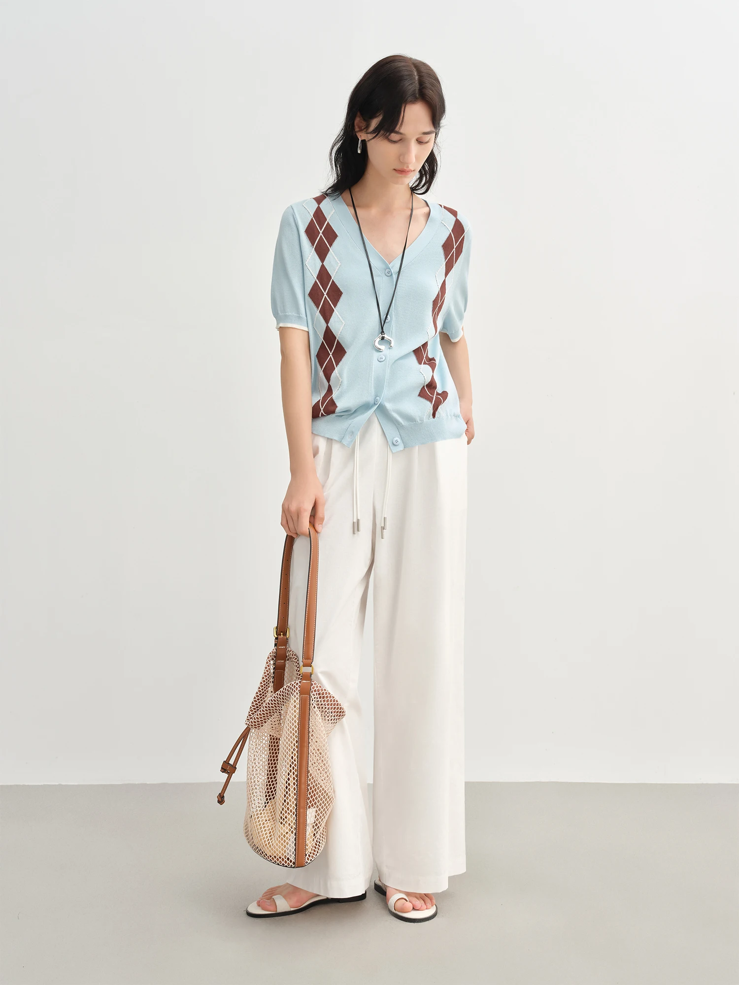 سترة DUSHU 2025 النسائية الصيفية المحبوكة بالألماس - أكمام قصيرة مريحة مستوحاة من الألوان من Preppy