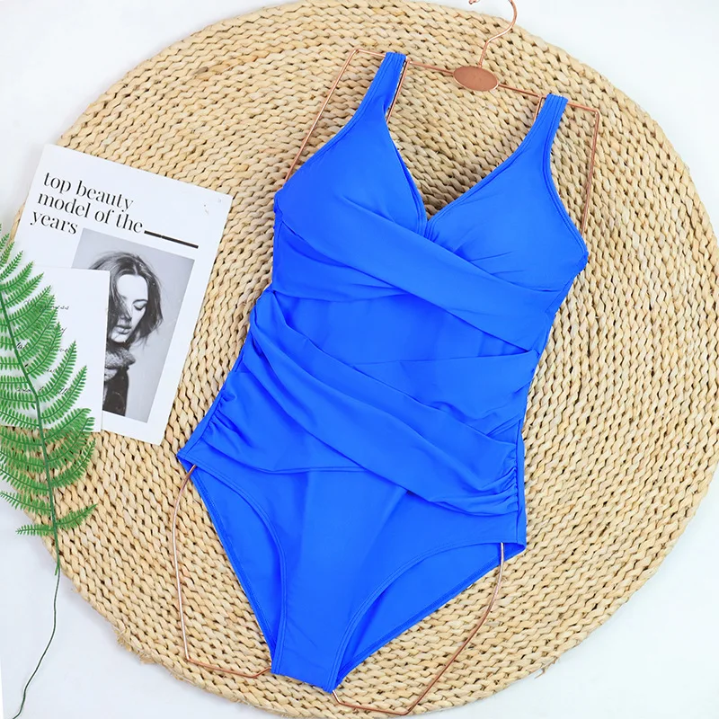 Sexy Plus Size 2025 Set bikini solido Donna Vintage increspato Costume intero Costume da bagno blu con controllo della pancia Costume da bagno Beachwear
