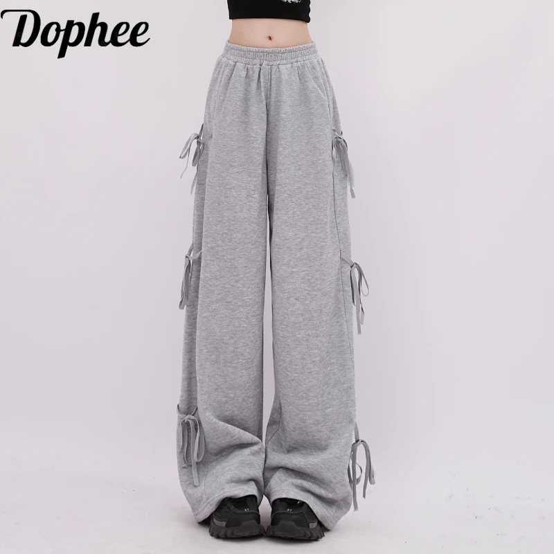 

Dophee Casual Female Trousers American Street All-match Wide Leg Sweatpants Cute Bandage Bow Mopping Floor Grey Straight Pants